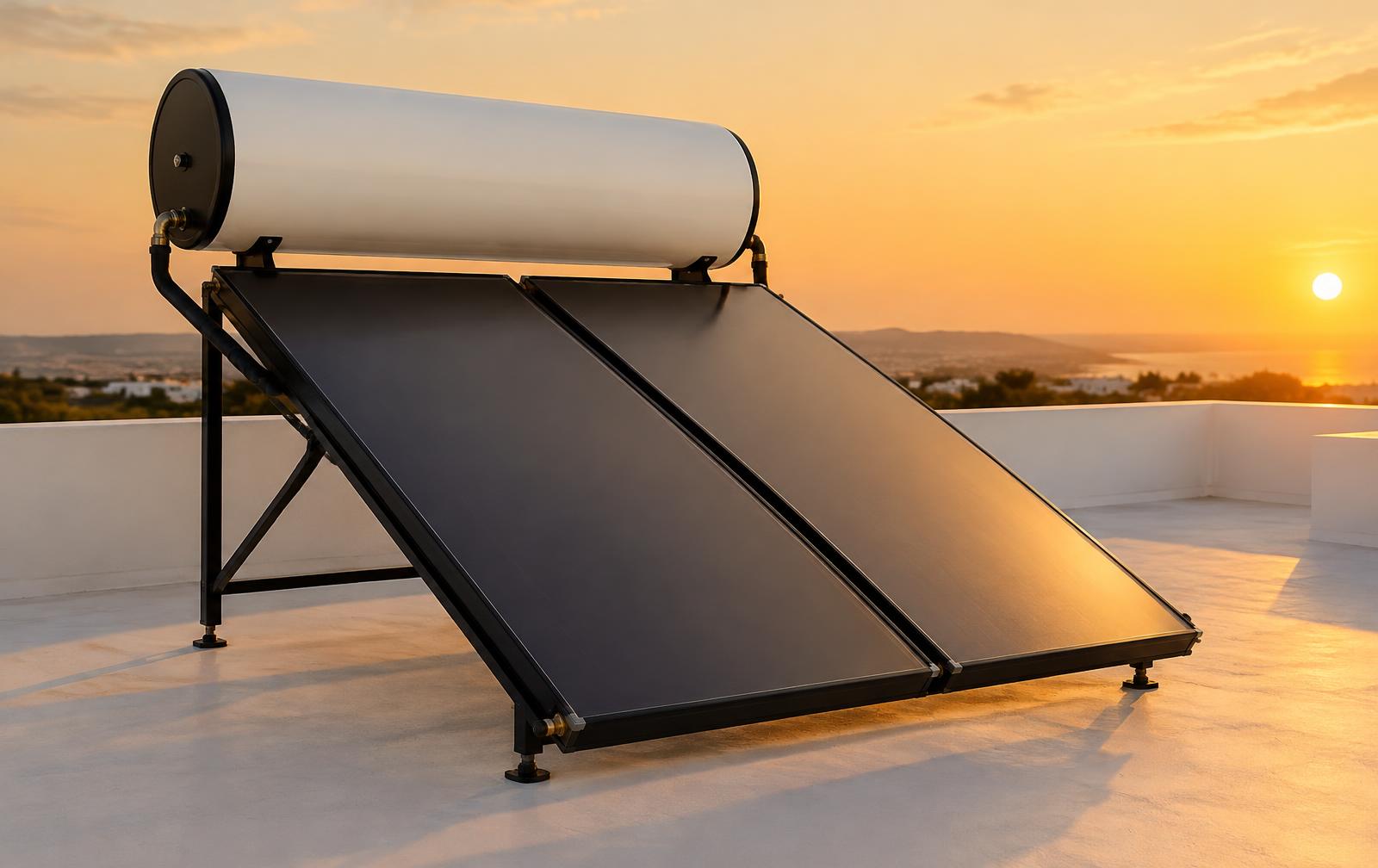 Flat plate solar water heater at sunset