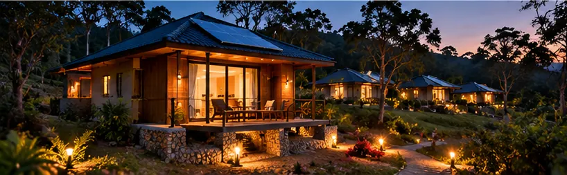 Eco-resort cottages with solar roofs and warm lights at dusk