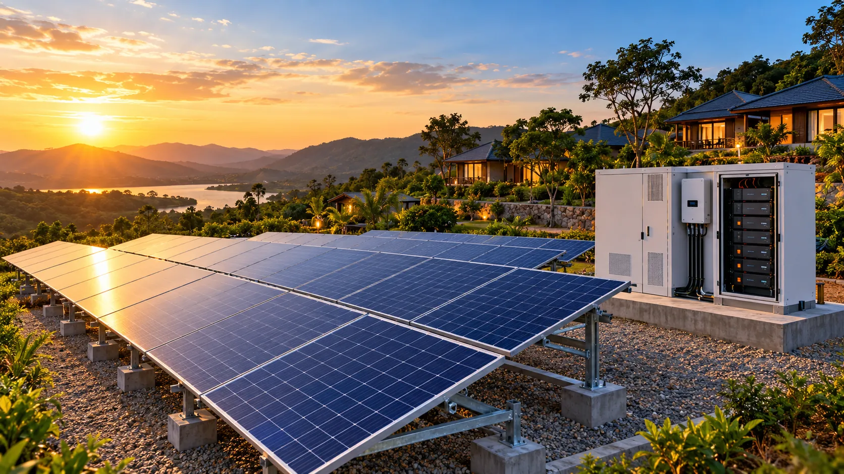 Ground-mounted solar array and battery storage cabinet at a hillside resort at sunset