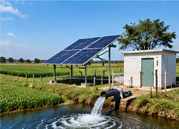 Solar-powered pump station discharging water beside a field