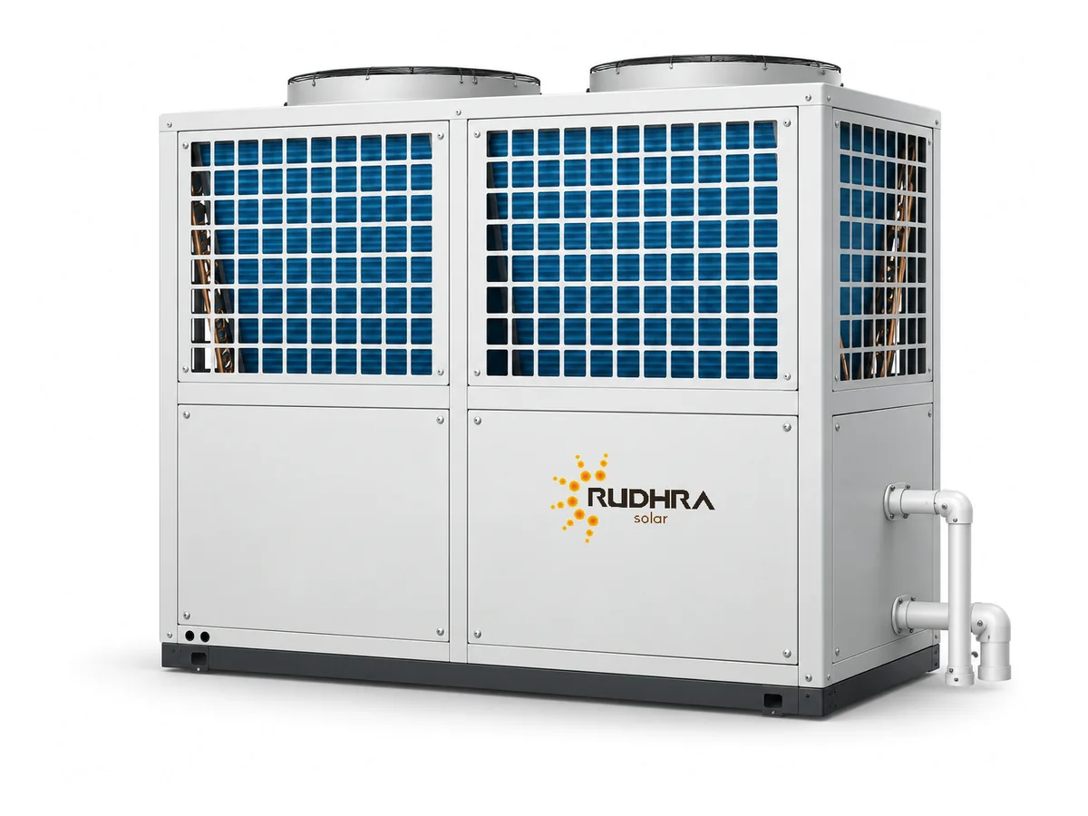 Rudhra Solar commercial air-source heat pump with twin top fans and water connections