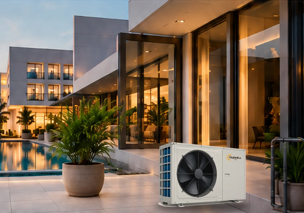 A Rudhra Solar air-source heat pump on the terrace of a modern home beside a pool at dusk