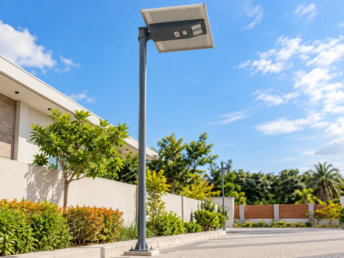 Rudhra all-in-one solar street light with a top-mounted solar panel on a grey pole beside a landscaped campus walkway