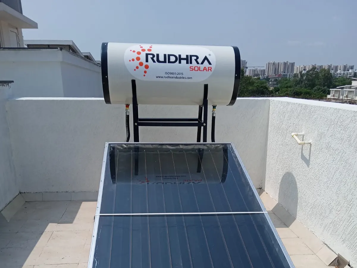 Rudhra Solar single-collector solar water heater on a terrace