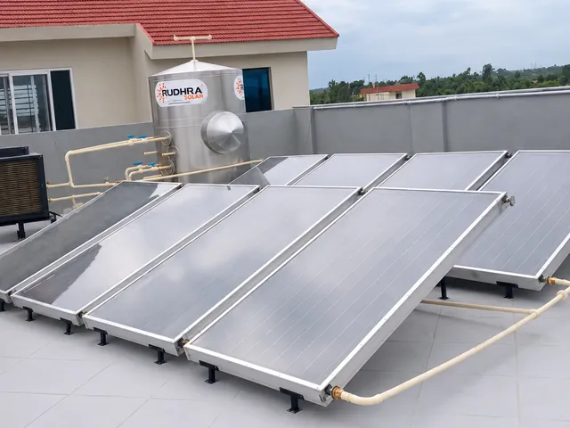 Rudhra Solar commercial water heater with eight flat plate collectors, stainless steel tank and heat pump