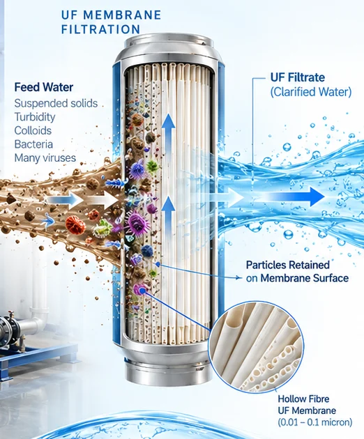 Cut-away of a hollow-fibre UF membrane: particles are retained on the membrane surface and clarified water passes through